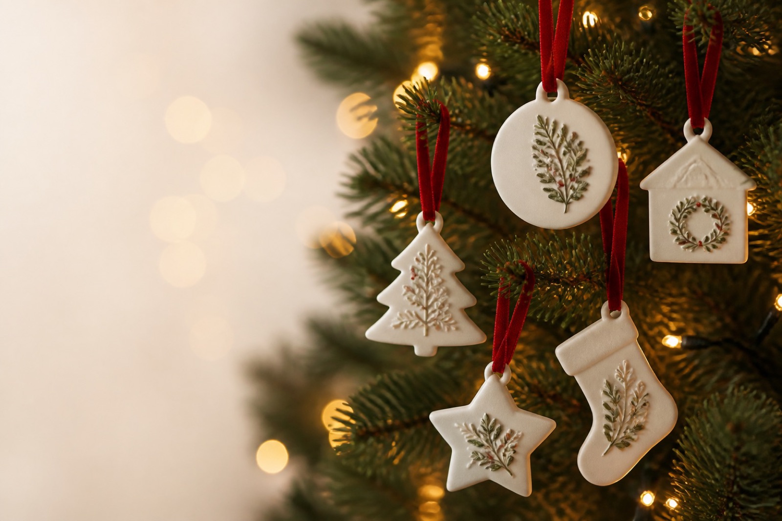 A blank wooden ornament on a red ribbon hanging on a fir branch with warm string lights
